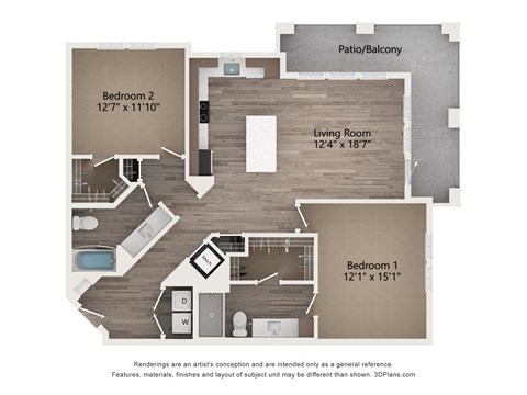 Floor plan for 2 beds, 2 baths, 1216 sqft
